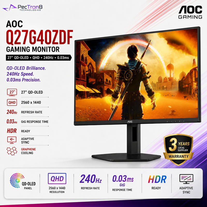 AOC Q27G40ZDF 27" QD-OLED Gaming Monitor QHD 240Hz 0.03ms | HDR | Adaptive Sync | HDMI 2.0 | DP 1.4 | VESA
