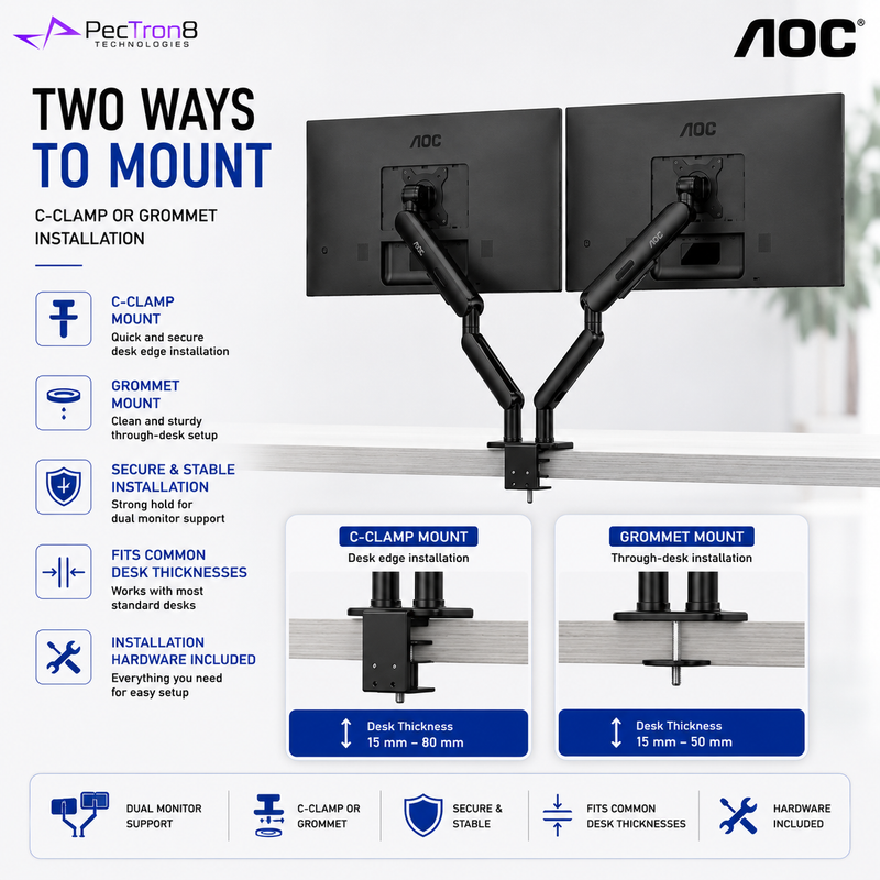 AOC AM420B Black Dual Monitor Arm | Mechanical Spring | 17–34" Each | 2–9kg Per Arm | VESA 75x75 / 100x100 | C-Clamp & Grommet