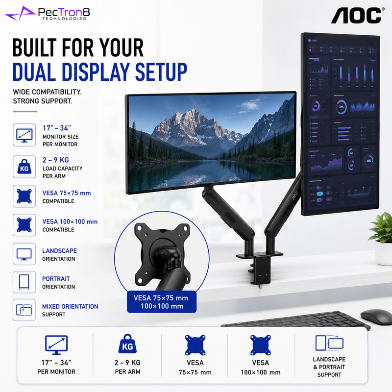 AOC AM420B Black Dual Monitor Arm | Mechanical Spring | 17–34" Each | 2–9kg Per Arm | VESA 75x75 / 100x100 | C-Clamp & Grommet