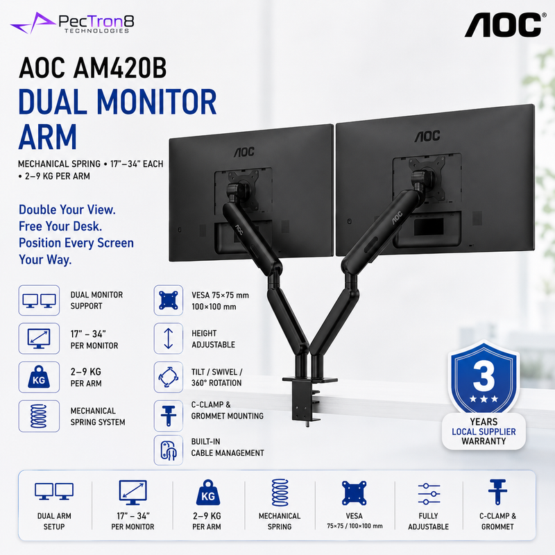 AOC AM420B Black Dual Monitor Arm | Mechanical Spring | 17–34" Each | 2–9kg Per Arm | VESA 75x75 / 100x100 | C-Clamp & Grommet