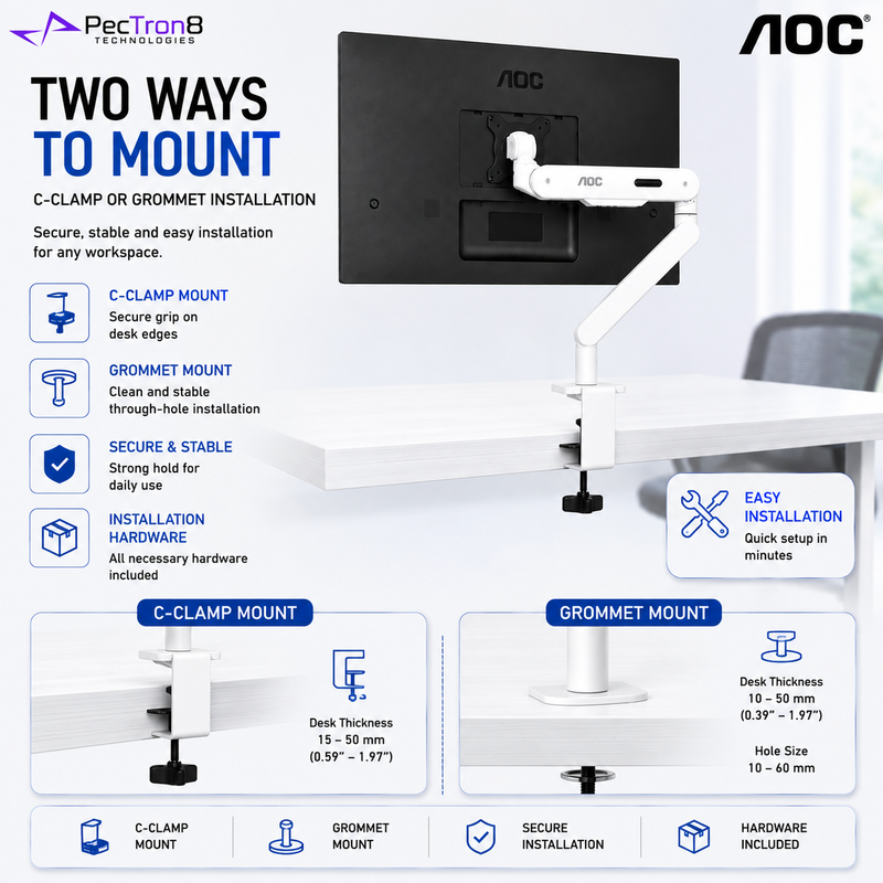 AOC AM400W White Single Monitor Arm | Mechanical Spring | 17–34" | 2–9kg | VESA 75x75 / 100x100 | C-Clamp & Grommet