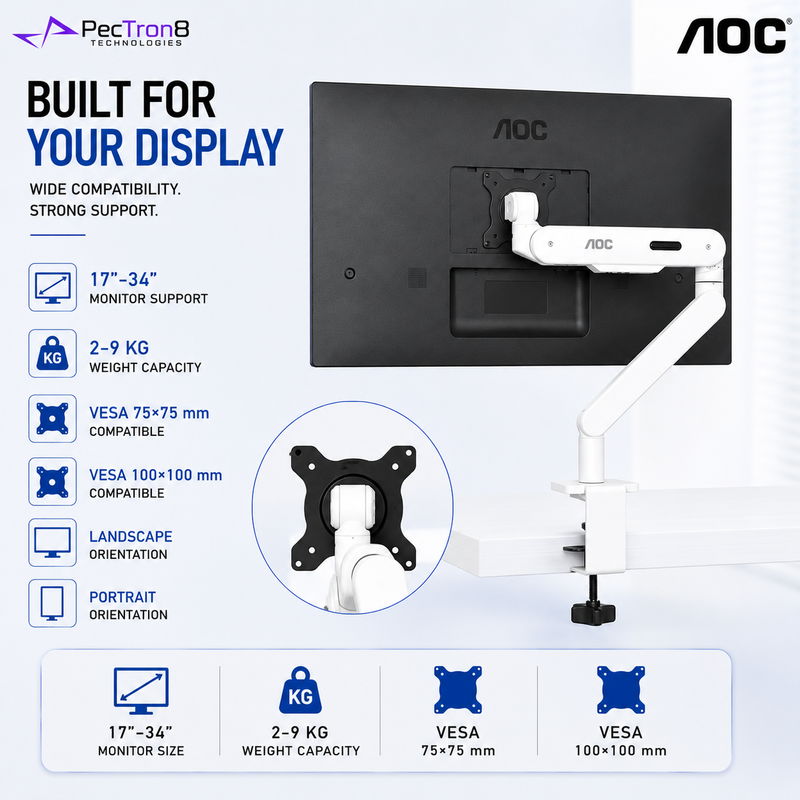 AOC AM400W White Single Monitor Arm | Mechanical Spring | 17–34" | 2–9kg | VESA 75x75 / 100x100 | C-Clamp & Grommet