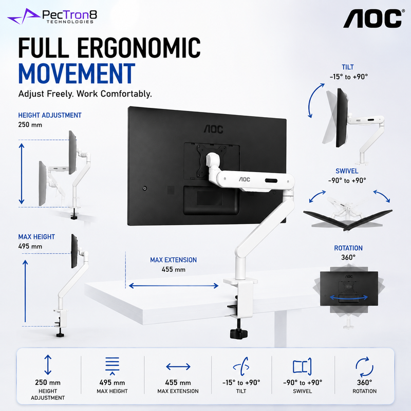 AOC AM400W White Single Monitor Arm | Mechanical Spring | 17–34" | 2–9kg | VESA 75x75 / 100x100 | C-Clamp & Grommet