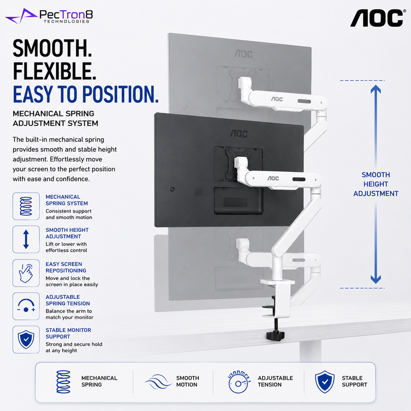 AOC AM400W White Single Monitor Arm | Mechanical Spring | 17–34" | 2–9kg | VESA 75x75 / 100x100 | C-Clamp & Grommet