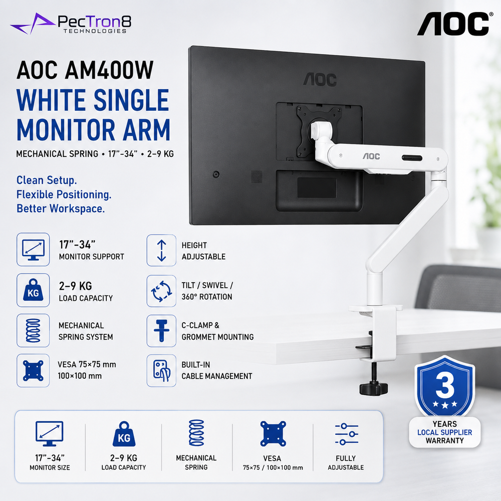 AOC AM400W White Single Monitor Arm | Mechanical Spring | 17–34" | 2–9kg | VESA 75x75 / 100x100 | C-Clamp & Grommet