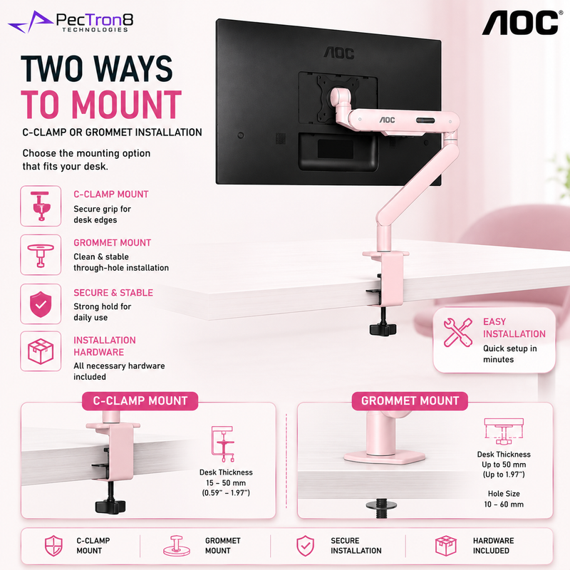 AOC AM400P Pink Single Monitor Arm | Mechanical Spring | 17–34" | 2–9kg | VESA 75x75 / 100x100 | C-Clamp & Grommet