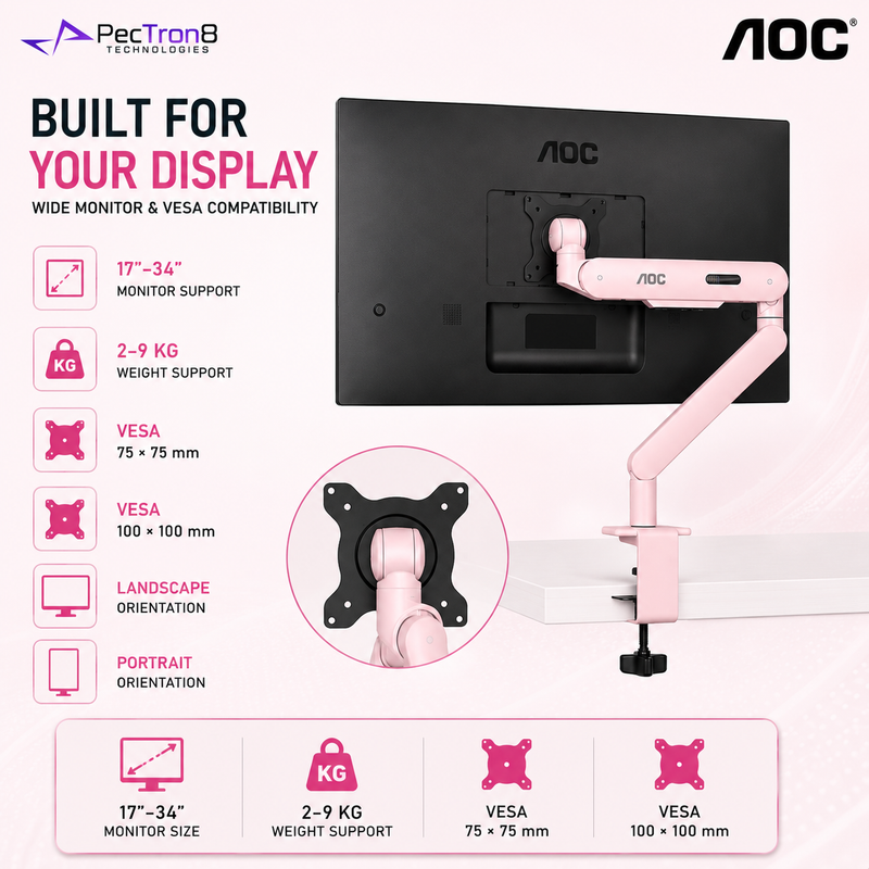 AOC AM400P Pink Single Monitor Arm | Mechanical Spring | 17–34" | 2–9kg | VESA 75x75 / 100x100 | C-Clamp & Grommet