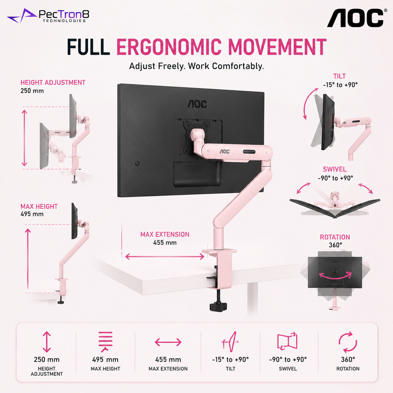 AOC AM400P Pink Single Monitor Arm | Mechanical Spring | 17–34" | 2–9kg | VESA 75x75 / 100x100 | C-Clamp & Grommet