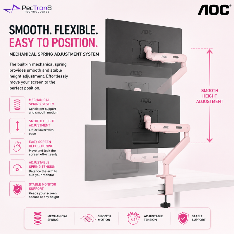 AOC AM400P Pink Single Monitor Arm | Mechanical Spring | 17–34" | 2–9kg | VESA 75x75 / 100x100 | C-Clamp & Grommet