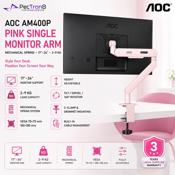 AOC AM400P Pink Single Monitor Arm | Mechanical Spring | 17–34" | 2–9kg | VESA 75x75 / 100x100 | C-Clamp & Grommet