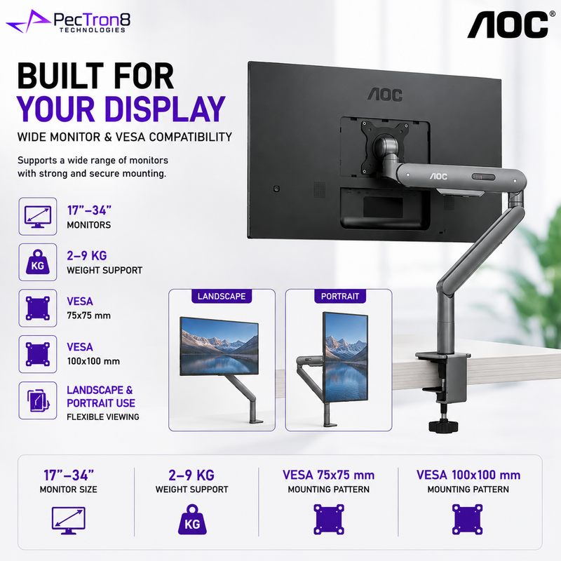 AOC AM400G Single Monitor Arm Gray | Mechanical Spring | 17–34" | 2–9kg | VESA 75x75 / 100x100 | Height Adjustable | C-Clamp & Grommet