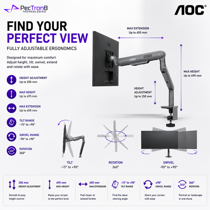 AOC AM400G Single Monitor Arm Gray | Mechanical Spring | 17–34" | 2–9kg | VESA 75x75 / 100x100 | Height Adjustable | C-Clamp & Grommet