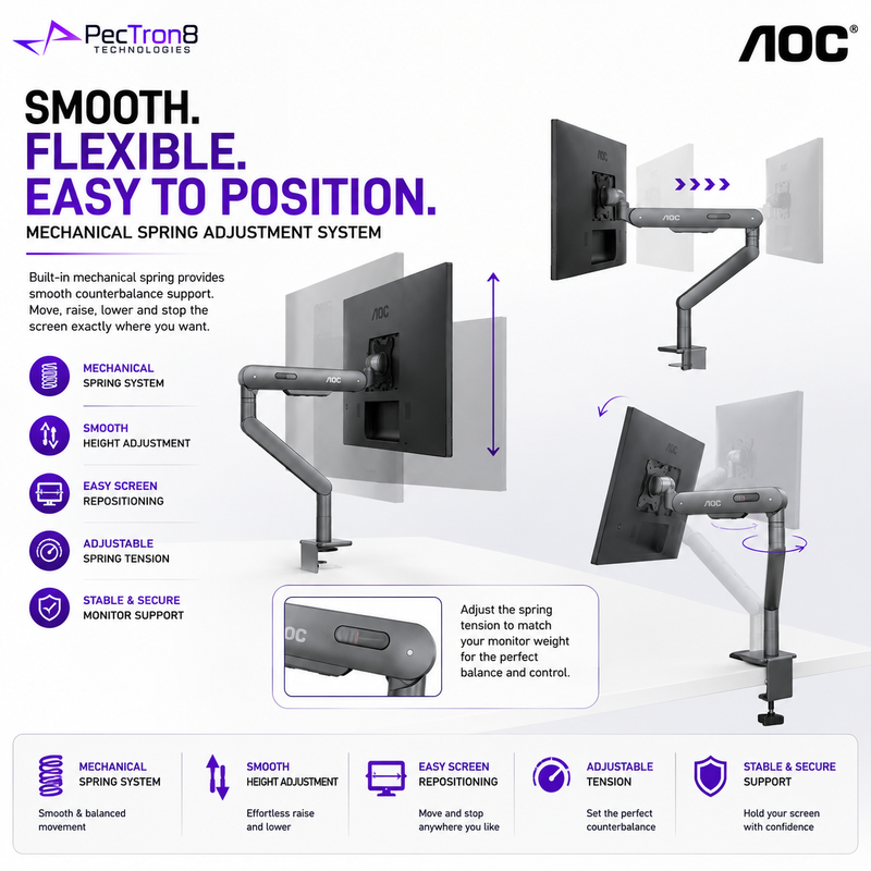 AOC AM400G Single Monitor Arm Gray | Mechanical Spring | 17–34" | 2–9kg | VESA 75x75 / 100x100 | Height Adjustable | C-Clamp & Grommet