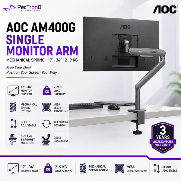 AOC AM400G Single Monitor Arm Gray | Mechanical Spring | 17–34" | 2–9kg | VESA 75x75 / 100x100 | Height Adjustable | C-Clamp & Grommet