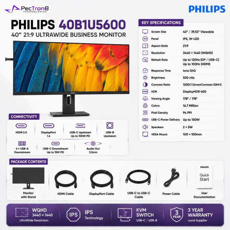 Philips 40B1U5600 40" UltraWide WQHD IPS Business Monitor – 120Hz, DisplayHDR 400, USB-C 100W, KVM & Speakers