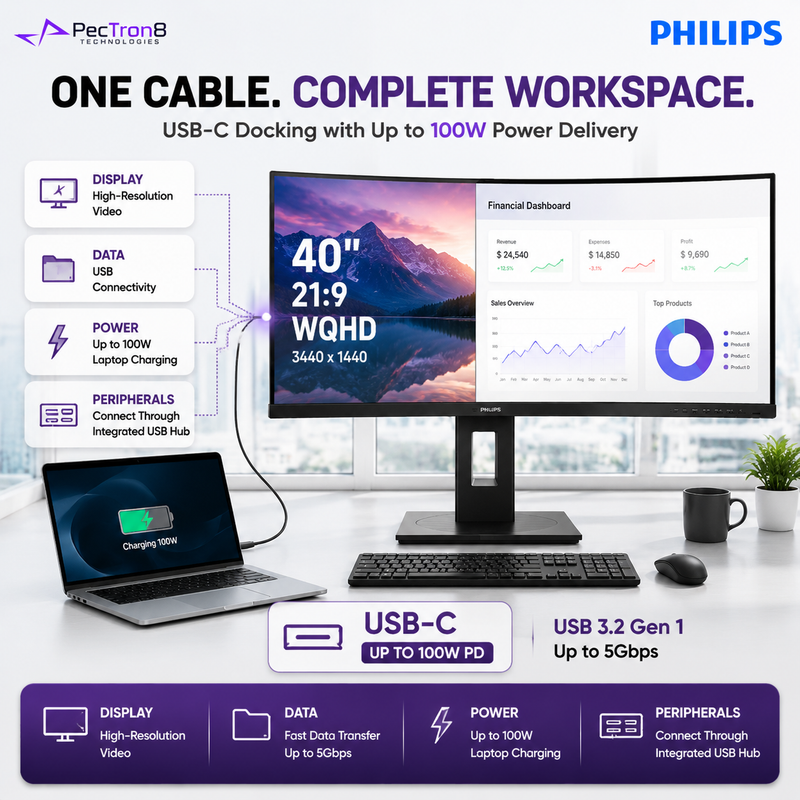 Philips 40B1U5600 40" UltraWide WQHD IPS Business Monitor – 120Hz, DisplayHDR 400, USB-C 100W, KVM & Speakers