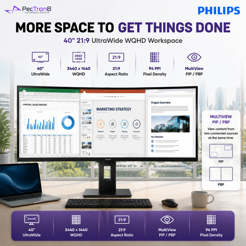Philips 40B1U5600 40" UltraWide WQHD IPS Business Monitor – 120Hz, DisplayHDR 400, USB-C 100W, KVM & Speakers