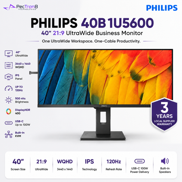 Philips 40B1U5600 40" UltraWide WQHD IPS Business Monitor – 120Hz, DisplayHDR 400, USB-C 100W, KVM & Speakers
