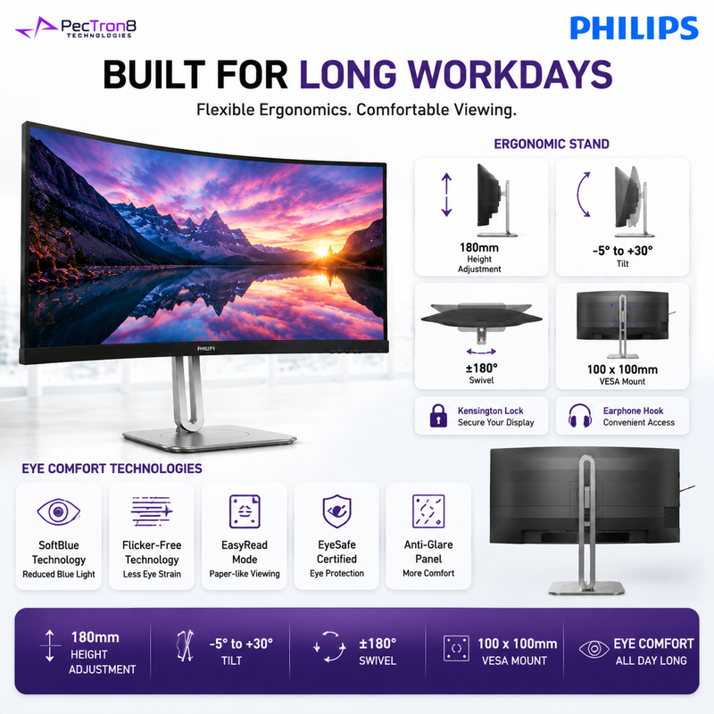 Philips 34B2U5900C 34" Curved 5K2K UltraWide Monitor – 5120×2160 120Hz / 240Hz Dual Mode, USB-C 140W, HDMI 2.1, 2.5GbE, SmartKVM, HDR 400