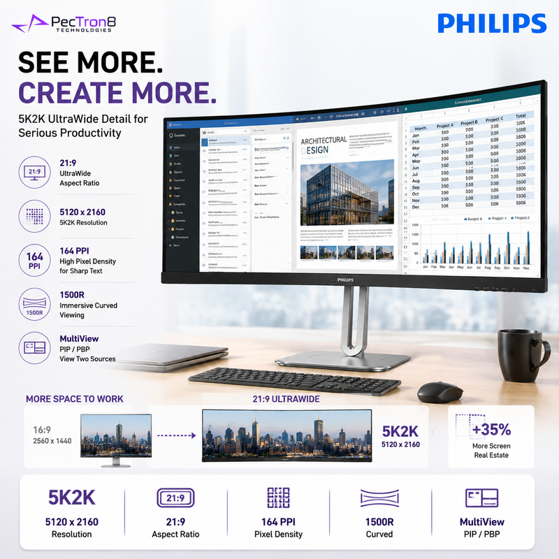 Philips 34B2U5900C 34" Curved 5K2K UltraWide Monitor – 5120×2160 120Hz / 240Hz Dual Mode, USB-C 140W, HDMI 2.1, 2.5GbE, SmartKVM, HDR 400