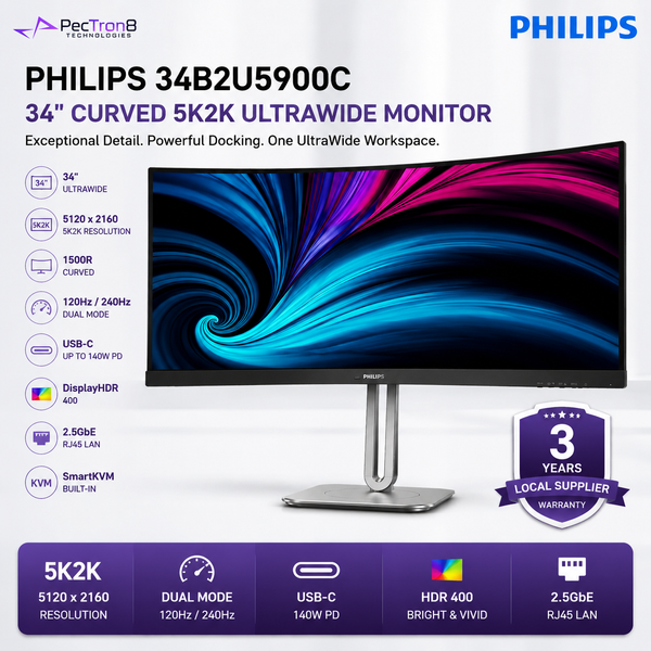 Philips 34B2U5900C 34" Curved 5K2K UltraWide Monitor – 5120×2160 120Hz / 240Hz Dual Mode, USB-C 140W, HDMI 2.1, 2.5GbE, SmartKVM, HDR 400