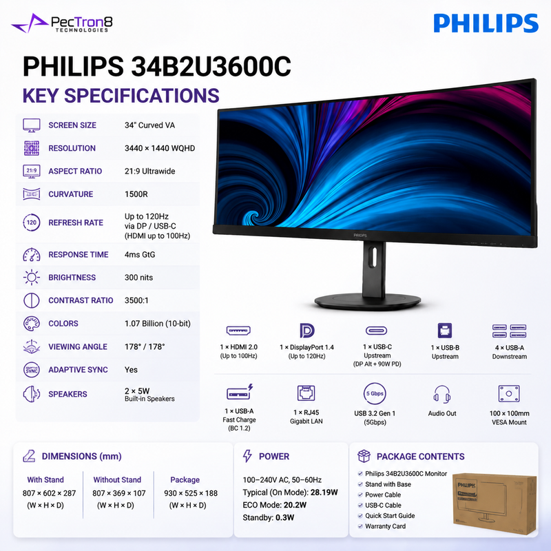 Philips 34B2U3600C 34" Curved WQHD USB-C Business Monitor – 120Hz, 90W PD, RJ45, SmartKVM, USB Hub & 2×5W Speakers