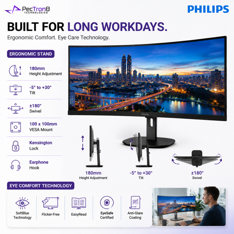 Philips 34B2U3600C 34" Curved WQHD USB-C Business Monitor – 120Hz, 90W PD, RJ45, SmartKVM, USB Hub & 2×5W Speakers