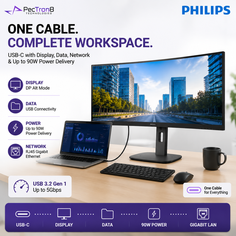 Philips 34B2U3600C 34" Curved WQHD USB-C Business Monitor – 120Hz, 90W PD, RJ45, SmartKVM, USB Hub & 2×5W Speakers