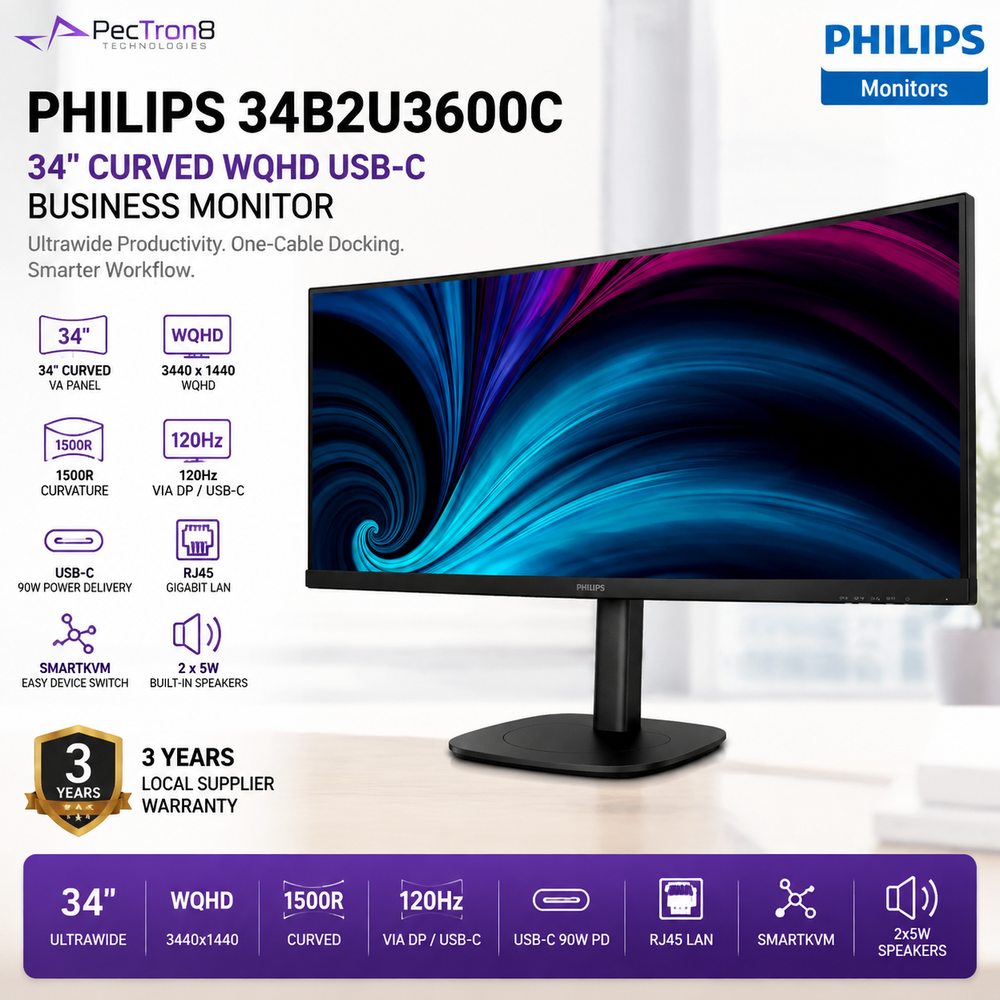 Philips 34B2U3600C 34" Curved WQHD USB-C Business Monitor – 120Hz, 90W PD, RJ45, SmartKVM, USB Hub & 2×5W Speakers