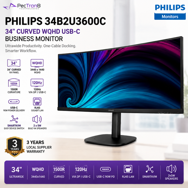 Philips 34B2U3600C 34" Curved WQHD USB-C Business Monitor – 120Hz, 90W PD, RJ45, SmartKVM, USB Hub & 2×5W Speakers