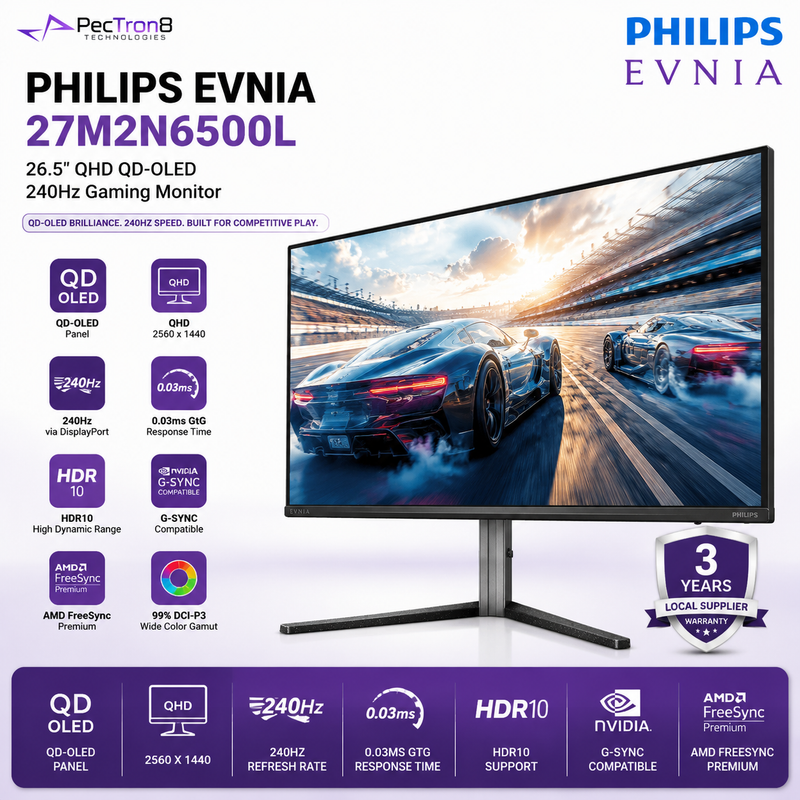 Philips Evnia 27M2N6500L 26.5" QD-OLED QHD Gaming Monitor – 240Hz, 0.03ms, HDR10, G-SYNC Compatible, AMD FreeSync, DP 1.4 & HDMI 2.0