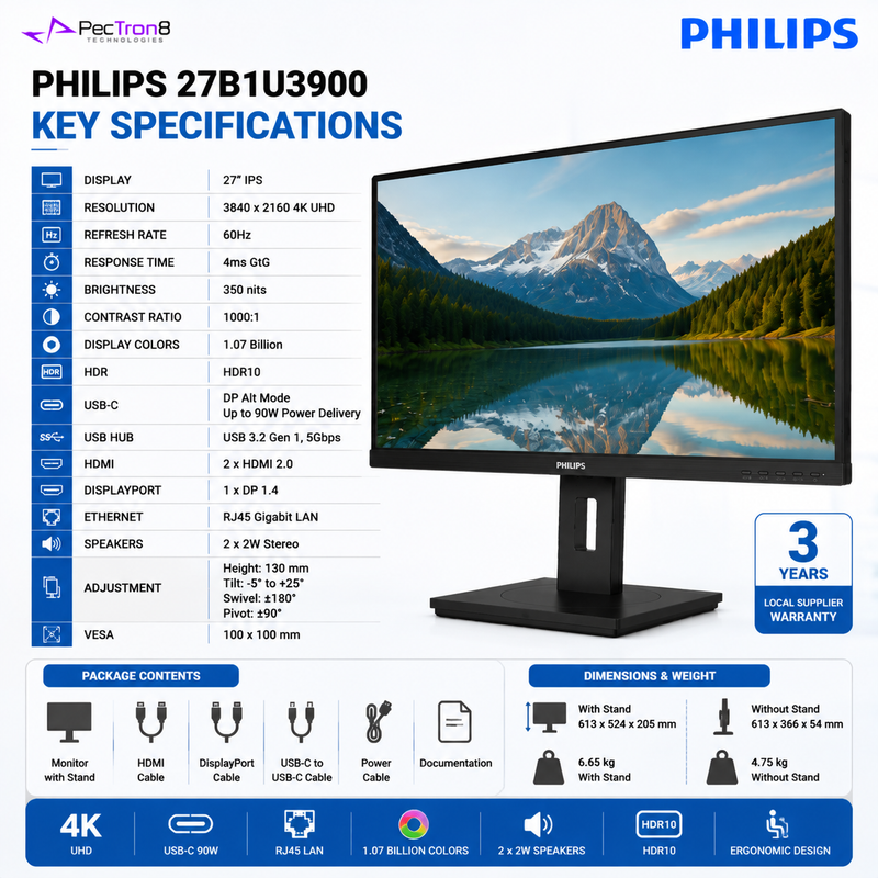 Philips 27B1U3900 27" 4K UHD IPS Business Monitor – USB-C 90W PD, RJ45, USB Hub, HDR10, HDMI 2.0, DP 1.4 & Ergonomic Stand