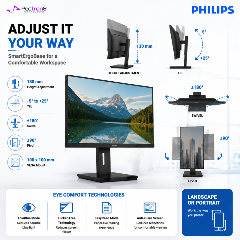 Philips 27B1U3900 27" 4K UHD IPS Business Monitor – USB-C 90W PD, RJ45, USB Hub, HDR10, HDMI 2.0, DP 1.4 & Ergonomic Stand
