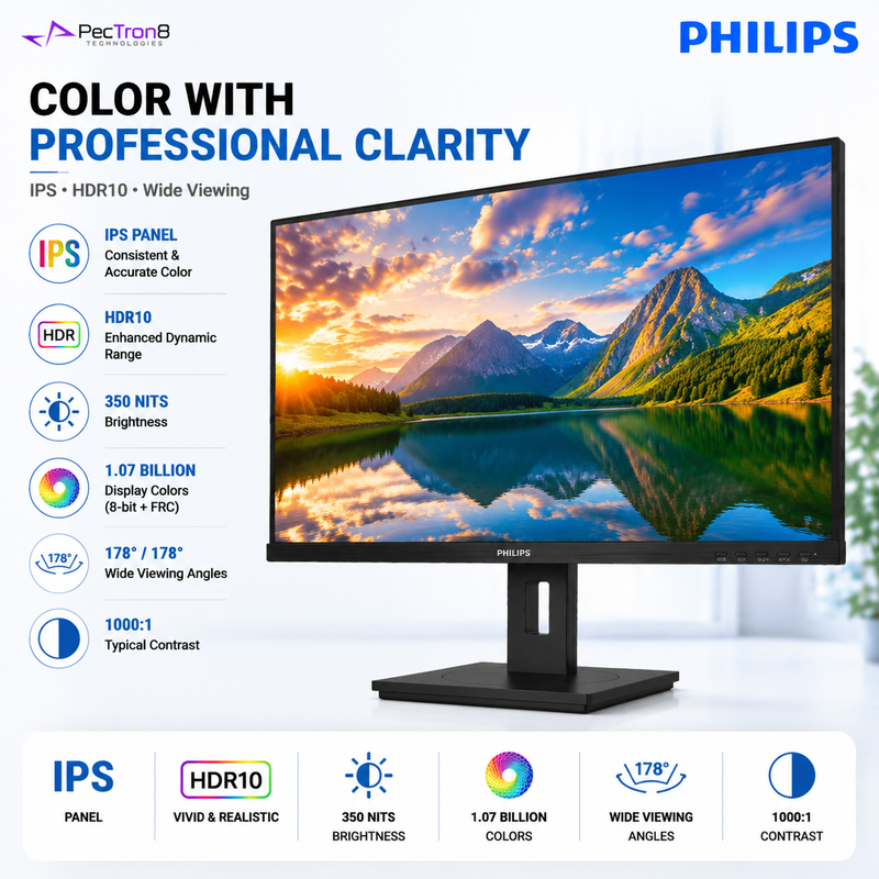 Philips 27B1U3900 27" 4K UHD IPS Business Monitor – USB-C 90W PD, RJ45, USB Hub, HDR10, HDMI 2.0, DP 1.4 & Ergonomic Stand