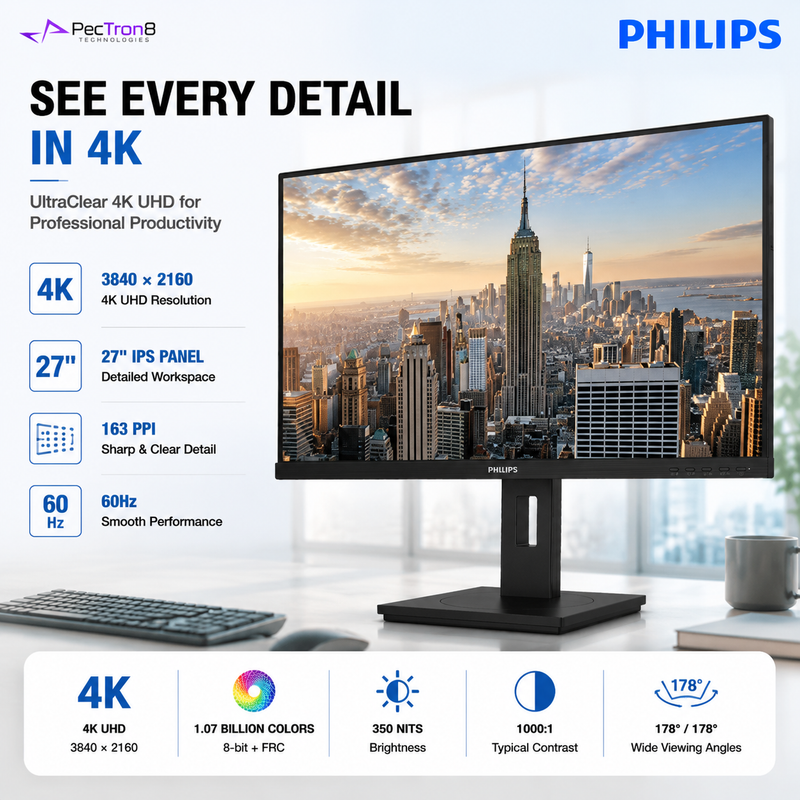 Philips 27B1U3900 27" 4K UHD IPS Business Monitor – USB-C 90W PD, RJ45, USB Hub, HDR10, HDMI 2.0, DP 1.4 & Ergonomic Stand