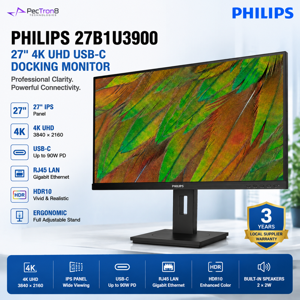 Philips 27B1U3900 27" 4K UHD IPS Business Monitor – USB-C 90W PD, RJ45, USB Hub, HDR10, HDMI 2.0, DP 1.4 & Ergonomic Stand