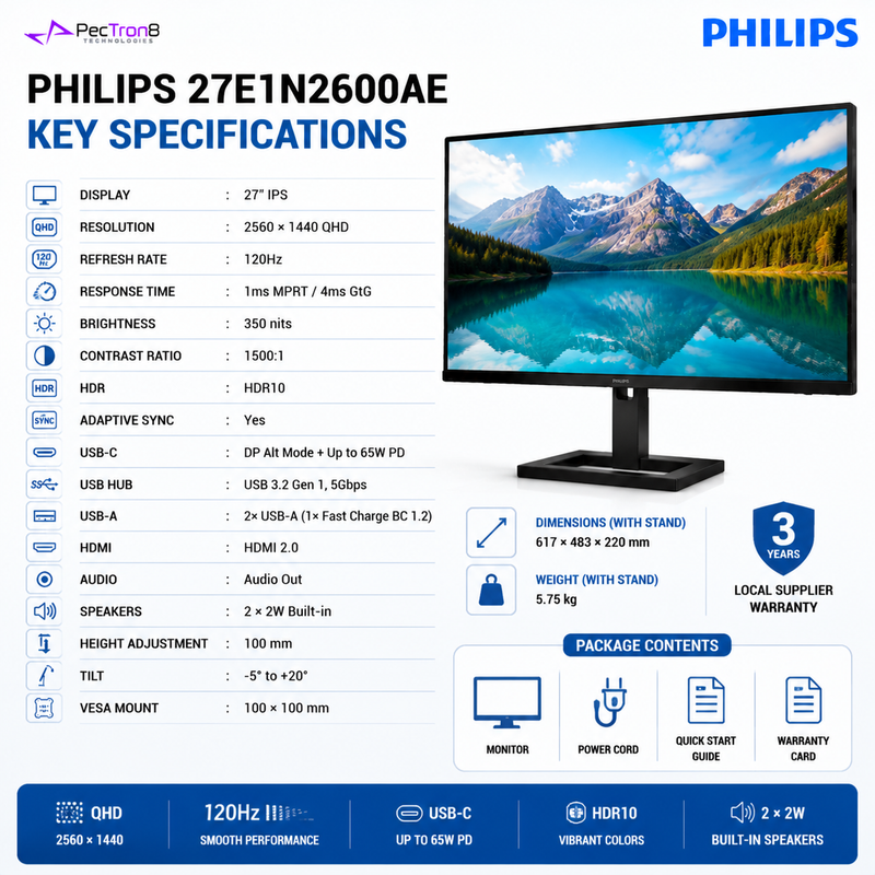 Philips 27E1N2600AE 27" QHD IPS Monitor | 120Hz | 1ms MPRT | HDR10 | USB-C 65W PD | HDMI 2.0 | USB Hub | Speakers | Height Adjustable