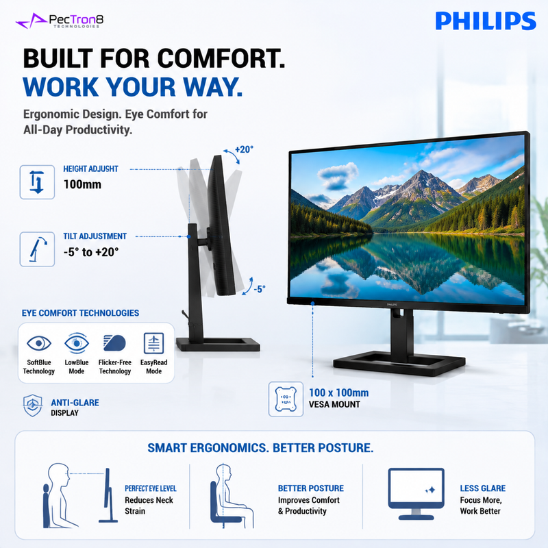 Philips 27E1N2600AE 27" QHD IPS Monitor | 120Hz | 1ms MPRT | HDR10 | USB-C 65W PD | HDMI 2.0 | USB Hub | Speakers | Height Adjustable