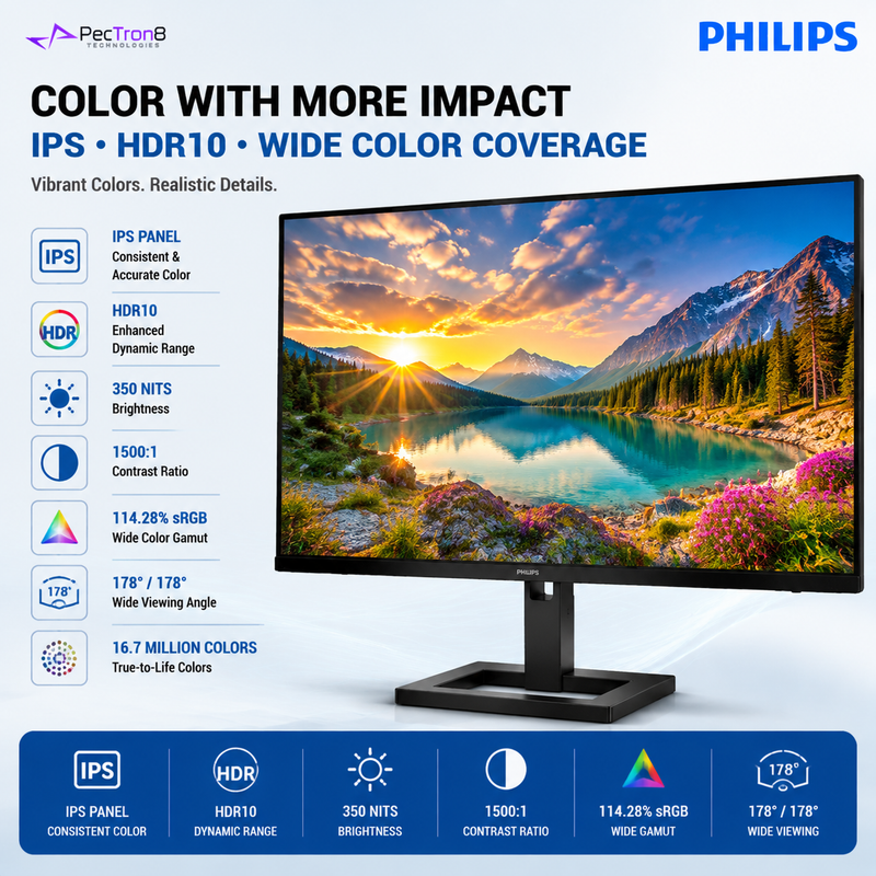 Philips 27E1N2600AE 27" QHD IPS Monitor | 120Hz | 1ms MPRT | HDR10 | USB-C 65W PD | HDMI 2.0 | USB Hub | Speakers | Height Adjustable