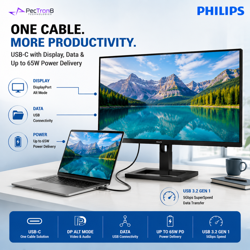 Philips 27E1N2600AE 27" QHD IPS Monitor | 120Hz | 1ms MPRT | HDR10 | USB-C 65W PD | HDMI 2.0 | USB Hub | Speakers | Height Adjustable