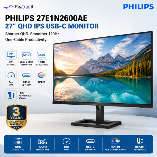Philips 27E1N2600AE 27" QHD IPS Monitor | 120Hz | 1ms MPRT | HDR10 | USB-C 65W PD | HDMI 2.0 | USB Hub | Speakers | Height Adjustable