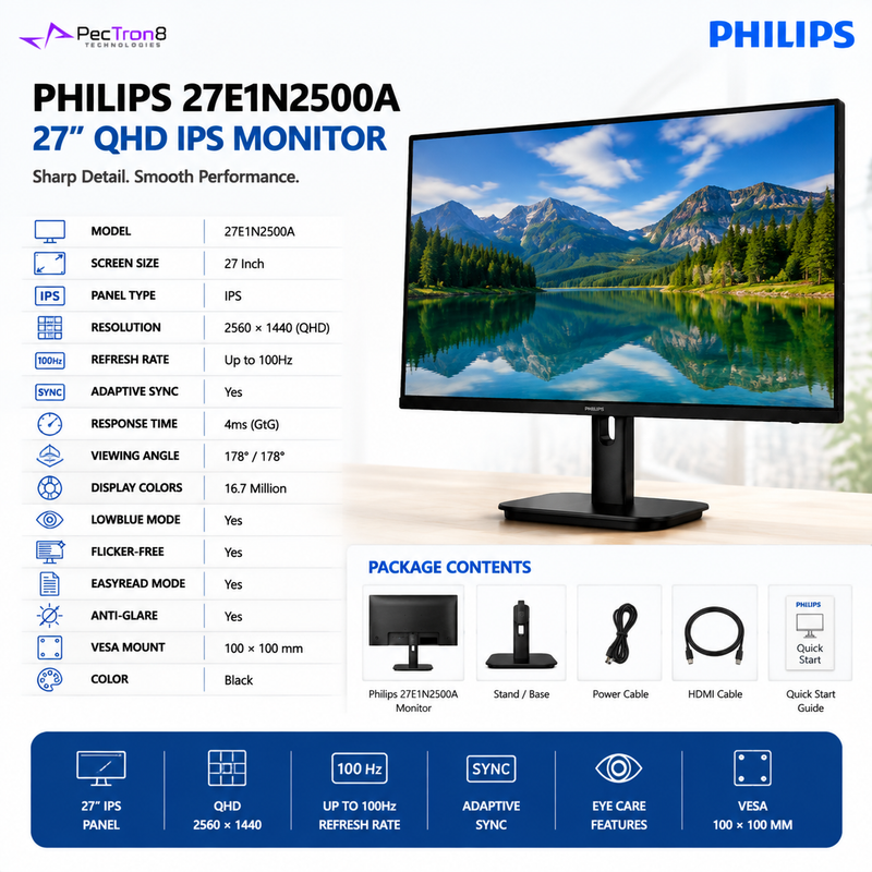 Philips 27E1N2500A 27" QHD IPS Monitor | 2560×1440 | 100Hz | Adaptive Sync | HDMI | DisplayPort | VESA