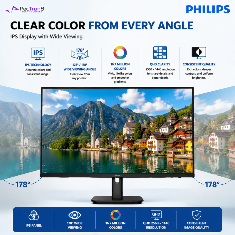 Philips 27E1N2500A 27" QHD IPS Monitor | 2560×1440 | 100Hz | Adaptive Sync | HDMI | DisplayPort | VESA