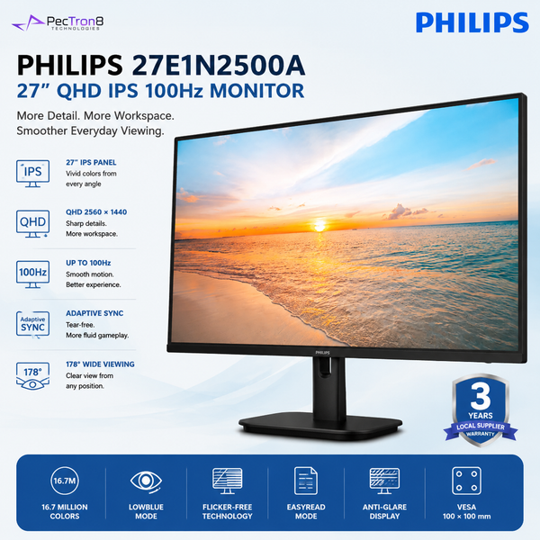 Philips 27E1N2500A 27" QHD IPS Monitor | 2560×1440 | 100Hz | Adaptive Sync | HDMI | DisplayPort | VESA