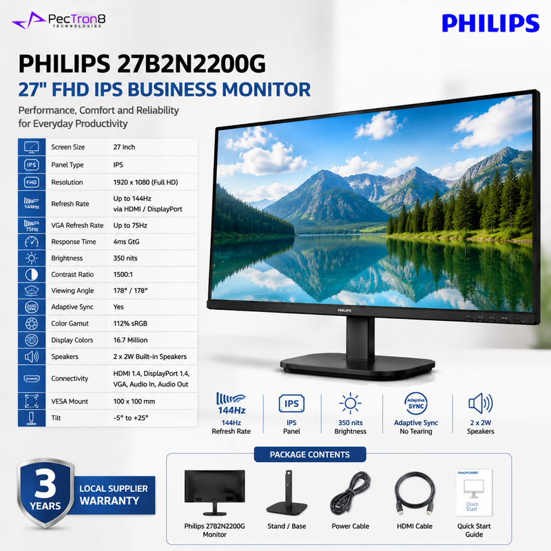 Philips 27B2N2200G 27" FHD IPS Business Monitor – 144Hz, 4ms, 350 Nits, Adaptive Sync, HDMI, DisplayPort, VGA & Built-in Speakers