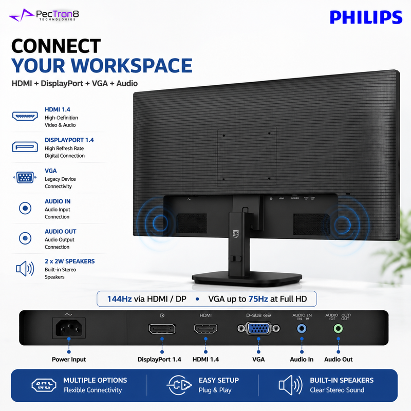 Philips 27B2N2200G 27" FHD IPS Business Monitor – 144Hz, 4ms, 350 Nits, Adaptive Sync, HDMI, DisplayPort, VGA & Built-in Speakers