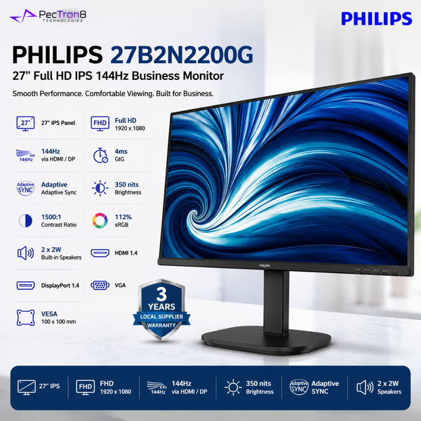 Philips 27B2N2200G 27" FHD IPS Business Monitor – 144Hz, 4ms, 350 Nits, Adaptive Sync, HDMI, DisplayPort, VGA & Built-in Speakers