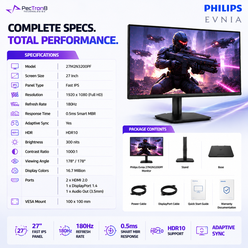 Philips Evnia 27M2N3200PF 27" FHD Fast IPS Gaming Monitor | 180Hz | 0.5ms Smart MBR | HDR10 | Adaptive Sync | HDMI 2.0 | DP 1.4