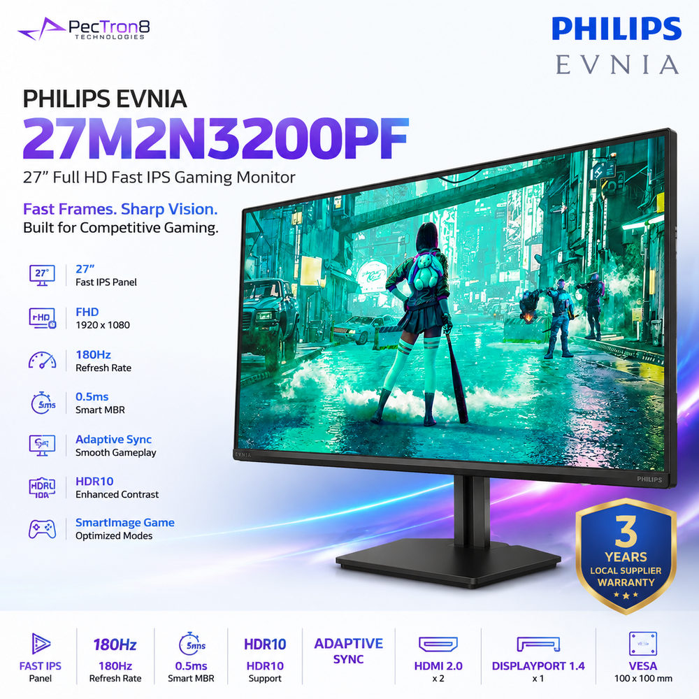 Philips Evnia 27M2N3200PF 27" FHD Fast IPS Gaming Monitor | 180Hz | 0.5ms Smart MBR | HDR10 | Adaptive Sync | HDMI 2.0 | DP 1.4
