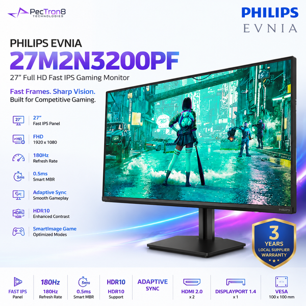 Philips Evnia 27M2N3200PF 27" FHD Fast IPS Gaming Monitor | 180Hz | 0.5ms Smart MBR | HDR10 | Adaptive Sync | HDMI 2.0 | DP 1.4